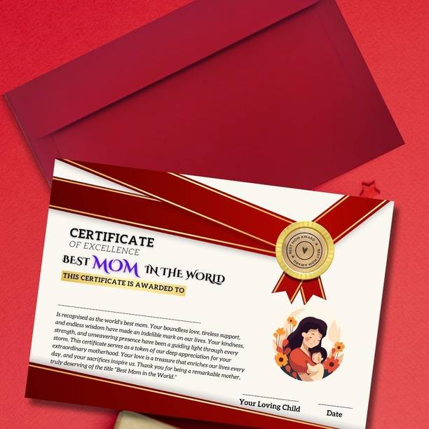 AanyaCentric Best Mother Certificate 11.7x8.3inches A4 Size with Envelope For Mom Maa Mummy Greeting Card
