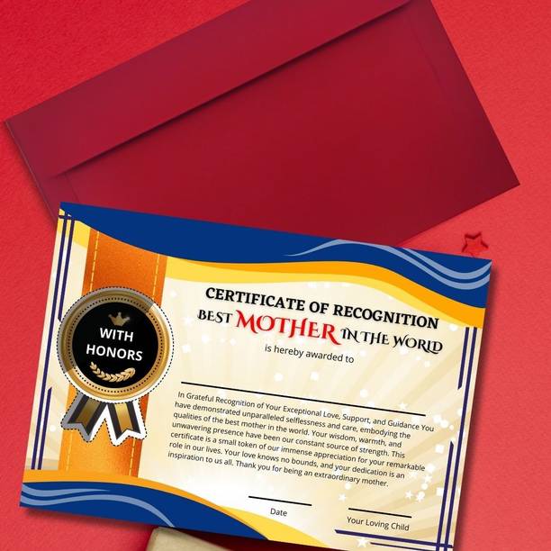 AanyaCentric Best Mother Certificate 11.7x8.3inches A4 Size with Envelope For Mom Maa Mummy Greeting Card