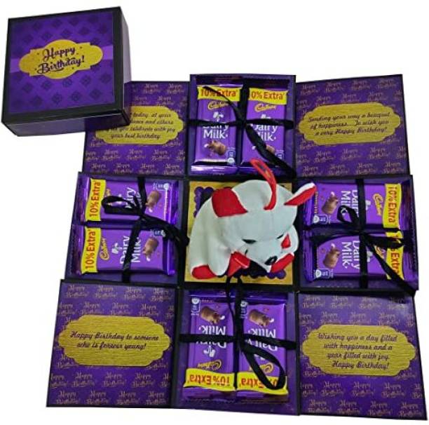 Easycraftz Purple Birthday chocolate Explosion Gift box with teddy (8 Dairy milk chocolates 10 rupees each) Greeting Card