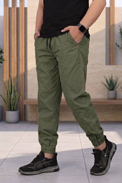 Men Tapered Green Pure Cotton Trousers