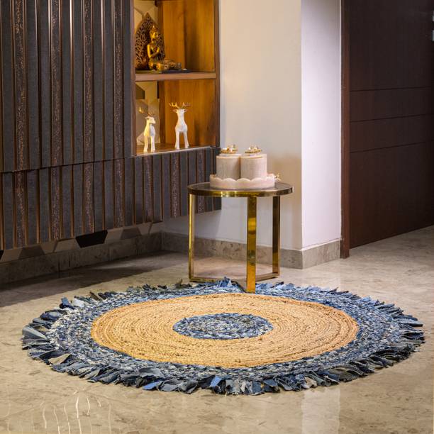 DHAGA CREATIONS Beige, Blue Jute Area Rug