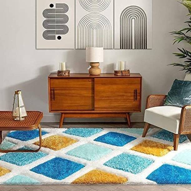 RM Handloom Yellow, Blue, Light Blue Polyester Carpet