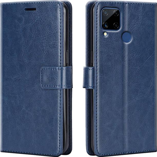 Driden Back Cover for Realme C15 - Inbuilt Stand & Card Pockets | Hand Stitched | Wallet Flip Case