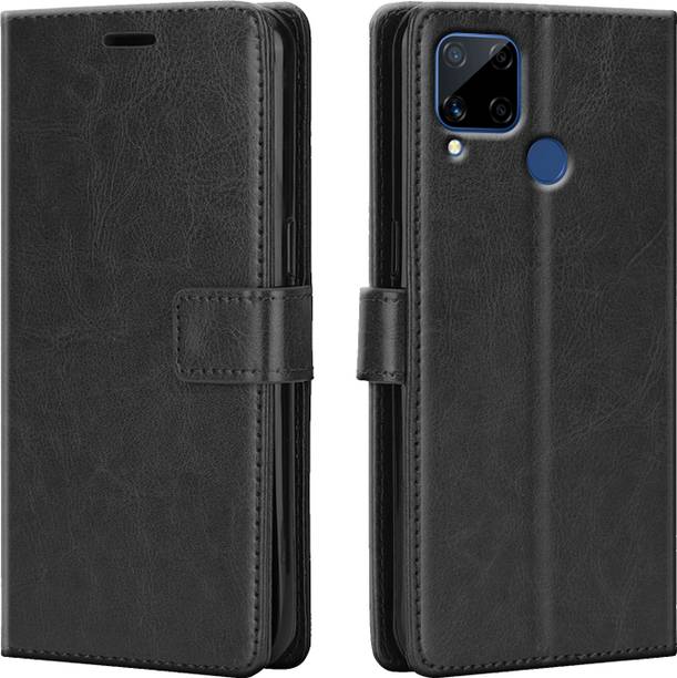 Driden Back Cover for Realme C15 - Inbuilt Stand & Card Pockets | Hand Stitched | Wallet Flip Case