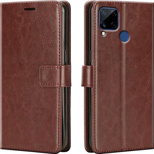 Driden Back Cover for Realme C15 - Inbuilt Stand & Card Pockets | Hand Stitched | Wallet Flip Case