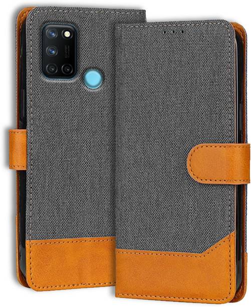 Genron Flip Cover for Realme 7i | Denim & Vegan PU Leather | Built In Stand & Pocket | Magnetic Closure