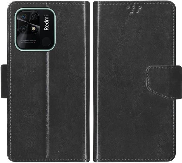 TELESHIELD Flip Cover for MI REDMI 10C BLACK FLIP COVER LEATHER INSIDE TPU CARD POCKETS WALLET STAND
