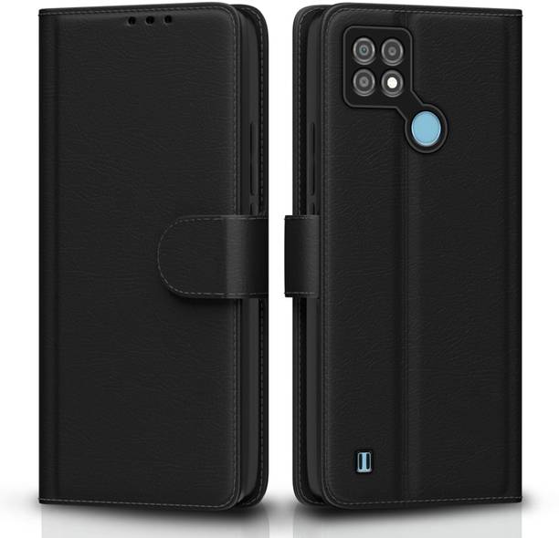 TELESHIELD Flip Cover for REALME C21Y BLACK FLIP COVER LEATHER INSIDE TPU CARD POCKETS WALLET STAND