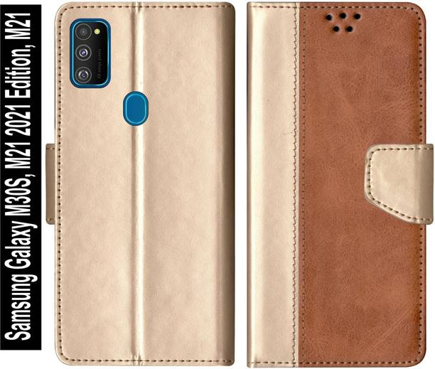 RKFLIP Flip Cover for RKFLIP_Samsung Galaxy M30S, M21 2021 Edition, M21_GOLD TAN