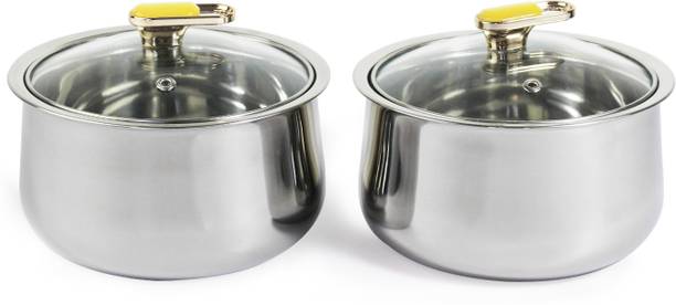 Richcraft Vintage Twin Stainless Steel Casserole with Glass Lid, Cook and Serve Pack of 2 Thermoware Casserole Set