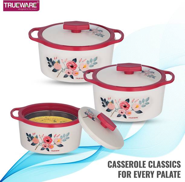 ट्रूवेयर Floraa Inner Steel Outer Plastic 600 ML, 800 ML & 1100 ML Thermoware 3 का पैक थर्मोवेयर कैसरोल