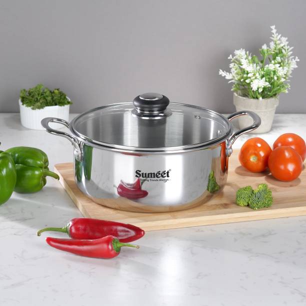 Sumeet CookSmart TriPly teel-Aluminum-Steel Casserole With Glass Lid-22Cm,Silver Pack of 2 Cook and Serve Casserole