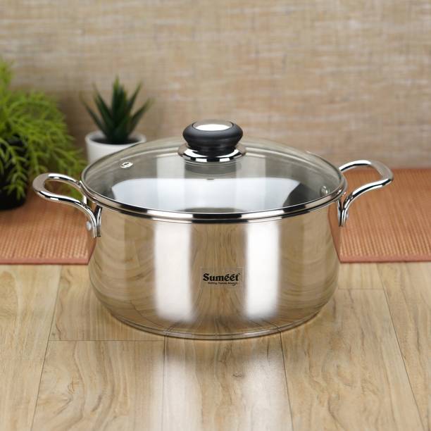 Sumeet Stainless Steel Induction Bottom Casserole with Glass Lid 6 LTR, 27cm Cook and Serve Casserole
