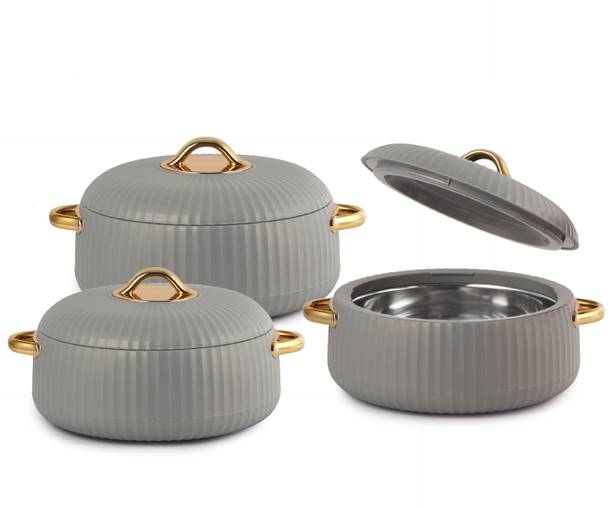 cello Aurum Luxury Insulated Hot-pot (1000ml x 2, 1500ml x 1) Grey | Easy Grip Lid | Pack of 3 Serve Casserole Set