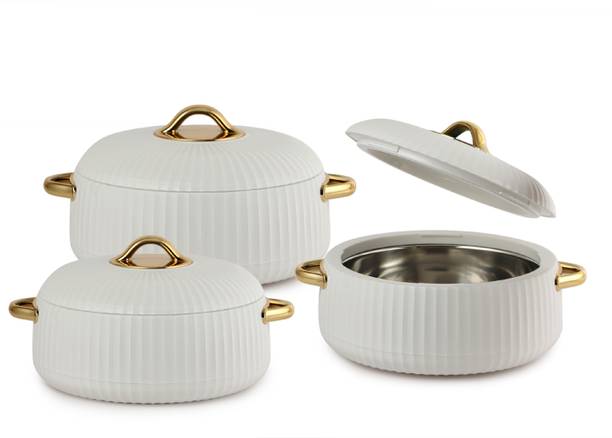 cello Aurum Luxury Insulated Hot-pot (1000ml x 2, 1500ml x 1) White | Easy Grip Lid | Pack of 3 Serve Casserole Set