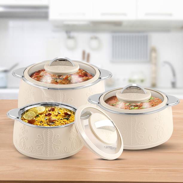 JAYPEE Fabrene Inner Steel Toughened Glass Lid Chapati Biryani Box Serve Casserole Set Pack of 3 Thermoware Casserole Set