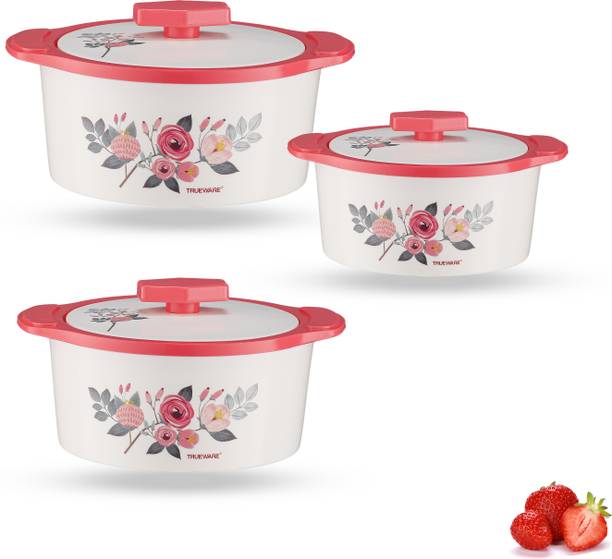 Trueware Floraa Inner Steel Outer Plastic 600 ML,800 ML & 1100 ML Thermoware Casserole Pack of 3 Thermoware Casserole