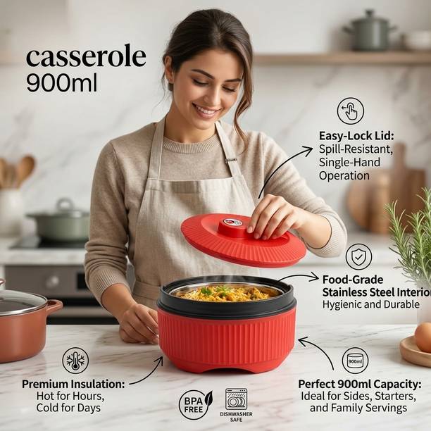 MARQUEONN Stylish Red 900ml Casserole for Everyday Use Thermoware Casserole