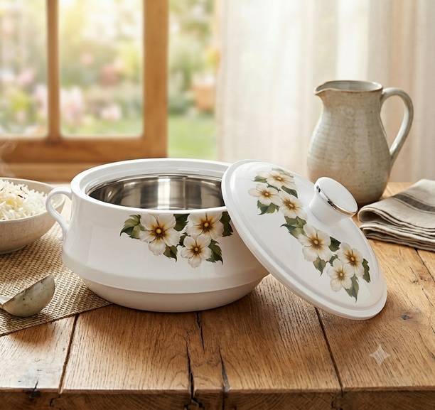 Zer Collection White Floral Insulated Casserole Hot Pot – Stainless Steel Inner Cook and Serve Casserole