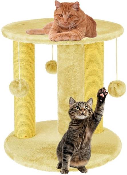 WUDYHOME Premium Natural Jute Round Cat Tower With Hanging Balls Free Standing Cat Tree