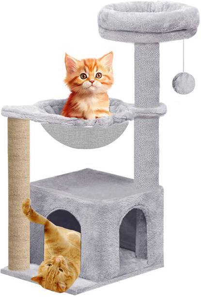 WUDYHUB Soft Fur Condo Activity Cat Tree - Jute Rope, Scratching Post, Dangling Toys Free Standing Cat Tree