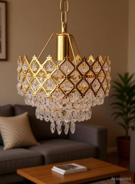 Shri Mahal Antiques 02- Metal golden Decorative chandelier Lights Hanging Crystal Pendant Ceiling Lamp (Golden)(PACK OF 1 WITH BULB) Chandelier Chandelier Ceiling Lamp