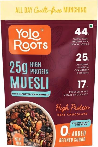 Yolo Roots by Avanicca Roots Pvt. Ltd. Whey Protein Dark Chocolate Muesli 400g | No Added Sugar Pouch