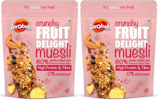Zerobeli Crunchy High Fiber Fruit Delight Muesli | Source of Protein |Zero Cholesterol Pouch