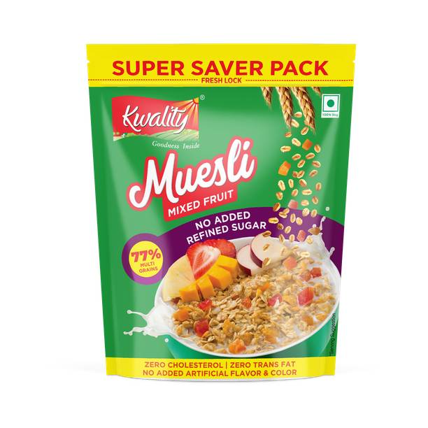 Kwality by Kwality Muesli Mixed Fruit, 77% Multigrains, No Added Refined Sugar, Breakfast Cereals Pouch 700 g