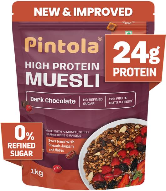 Pintola High Protein (24g) Muesli - Dark Chocolate & Cranberry, with zero refined sugar Pouch