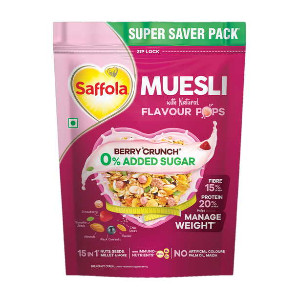 Saffola by Marico Muesli 0% Added Sugar Berry Crunch | High Protein | Muesli with Flavour Pops Pouch