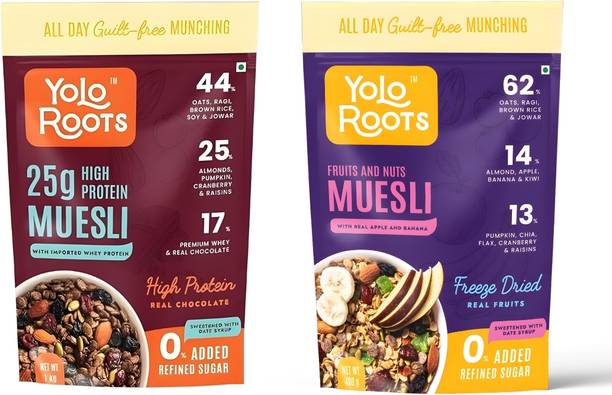 Yolo Roots High Protein Muesli Combo | Whey Protein Muesli 1kg + Fruits & Nuts Muesli 400g Pouch