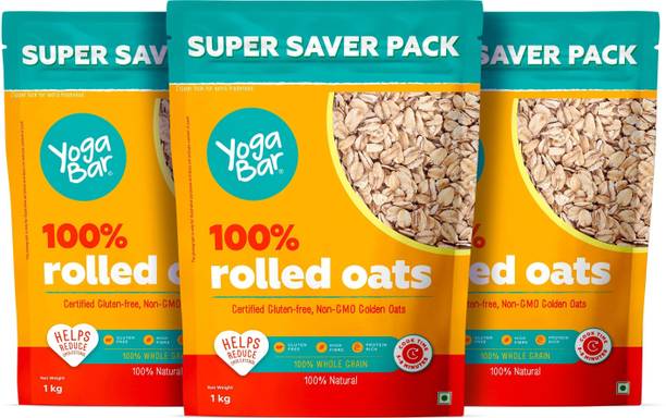 Yogabar by Yogabar 100% Rolled Oats 3kg Premium Golden Oats|Gluten Free No Added Sugar|1kg x 3 Pouch