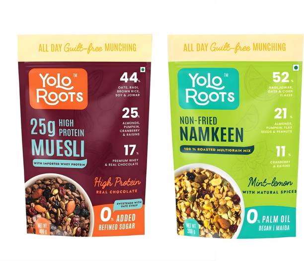 Yolo Roots Lemon Multigrain Namkeen 300g + Whey Dark Chocolate Muesli 400g Combo Pouch
