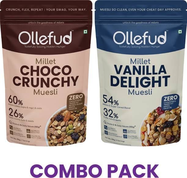 ollefud Muesli Combo-(Millet Vanilla Delight 400g + Millet Choco Crunchy 350g)-750g Pouch