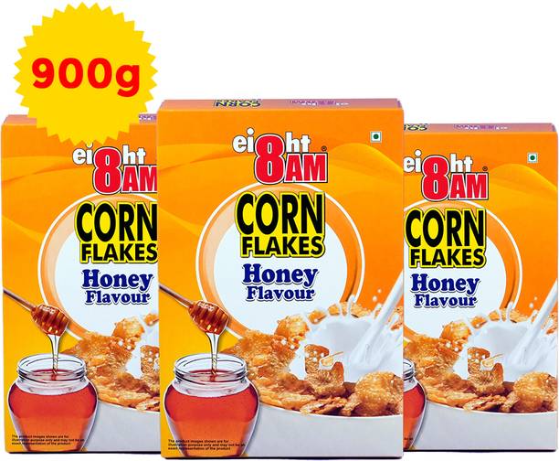 8AM Corn Flakes Honey, Healthy, Crunchy & Tasty Snack, Nutritious Breakfast Cereal Box