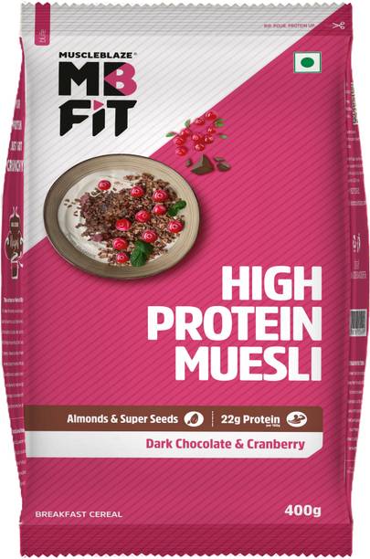 MUSCLEBLAZE High Protein Muesli, 19.63 g Protein, with Superseeds, Raisins & Almonds, Ready to Eat Healthy Snack Pouch