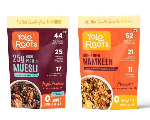 Yolo Roots Peri Peri Multigrain Namkeen 300g + Whey Dark Chocolate Muesli 400g Combo Pouch