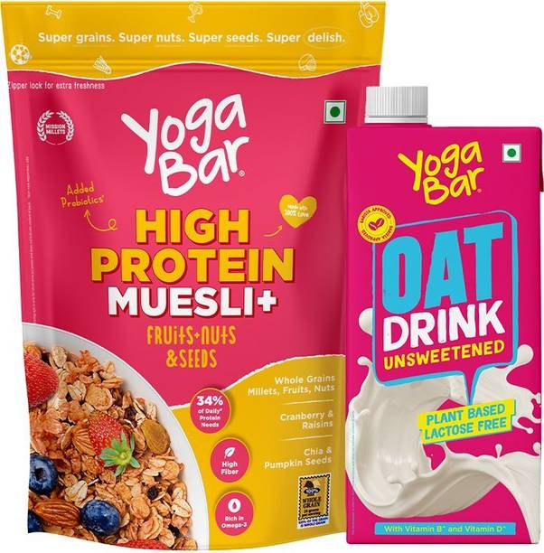 Yogabar Protein Muesli Fruit Nut & Seed + Oat Milk | Plant-Based Breakfast Combo Pouch
