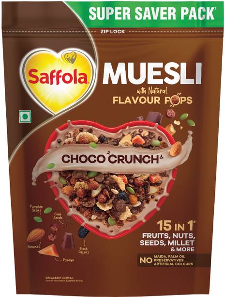 Saffola Muesli Choco Crunch with Flavour Pops, 15 in 1 Fruit, Nuts, Millet & more Pouch Pouch