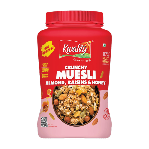 Kwality Crunchy Muesli Almonds, Raisins & Honey 87% Multigrains, High in Fiber & Protein Plastic Bottle