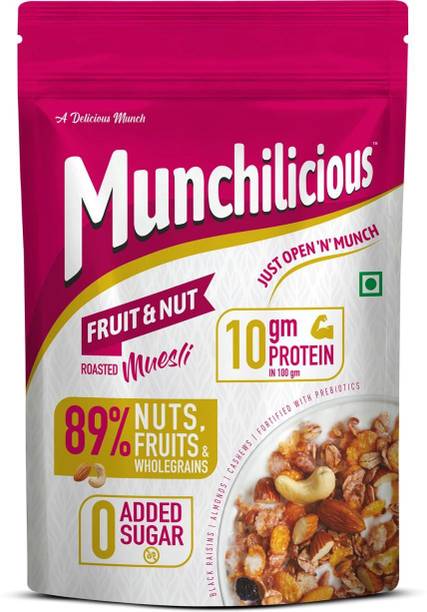 MUNCHILICIOUS Fruit & Nut Roasted Muesli | High in Fiber & Iron | Breakfast Cereal Pouch