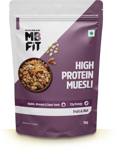 MUSCLEBLAZE High Protein Muesli, Fruits & Nut, 18 g Protein, with Superseeds, Raisins & Almonds, Ready to Eat Healthy Snack Pouch