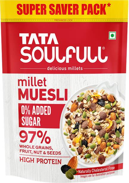 Tata Soulfull 0% Added Sugar Millet Muesli, High Protein, 97% Wholegrains, Fruit, Nut & Seeds Pouch