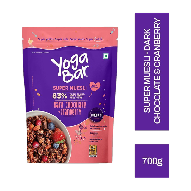 Yogabar Muesli Dark Chocolate&Cranberry 700g, Breakfast Cereal with Nuts & Seeds Pouch