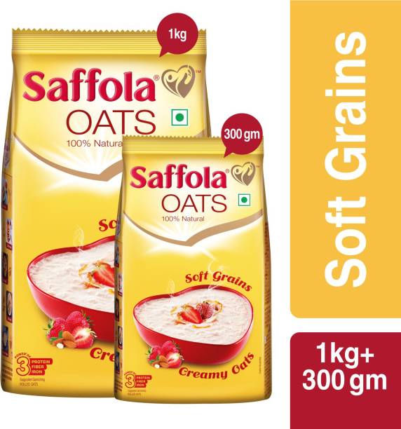 Saffola Rolled Oats,Creamy 100% Natural, High Protein & Fibre, Healthy Cereal, Pouch