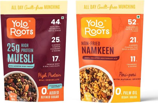 Yolo Roots High Protein Chocolate Muesli 800g + Peri Peri Roasted Multigrain Namkeen 300g Pouch