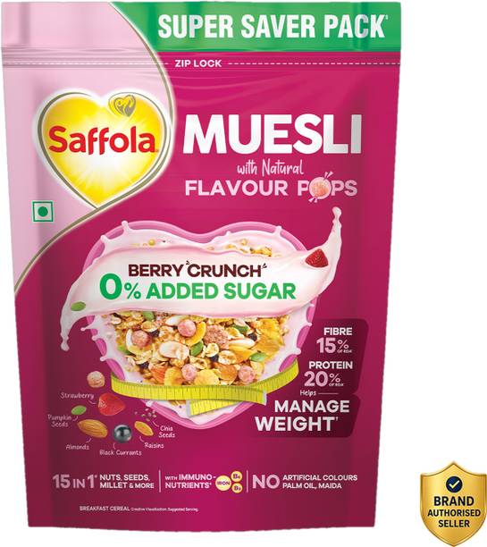 Saffola by Marico Muesli 0% Added Sugar Berry Crunch | High Protein | Muesli with Flavour Pops Pouch