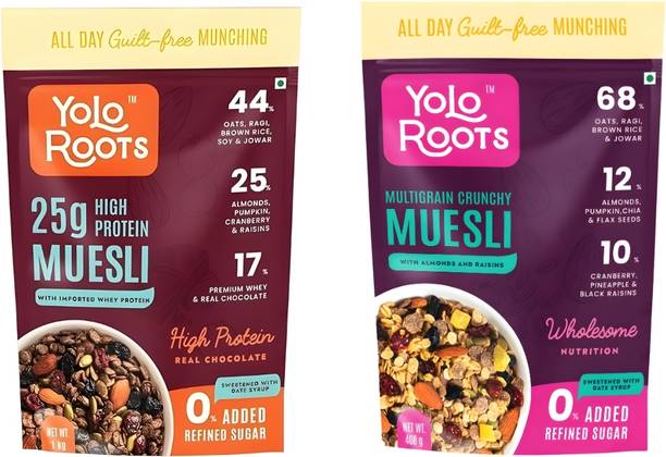 Yolo Roots High Protein Combo | Whey Protein Muesli 1kg + Multigrain Crunchy Muesli 400g Pouch