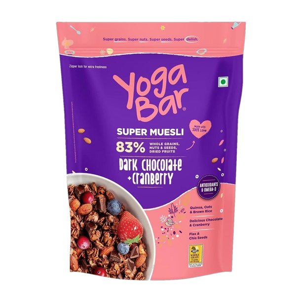 Yogabar Muesli Dark Chocolate&Cranberry 450g|Wholegrain Breakfast Cereal with Nuts&Seeds Pouch